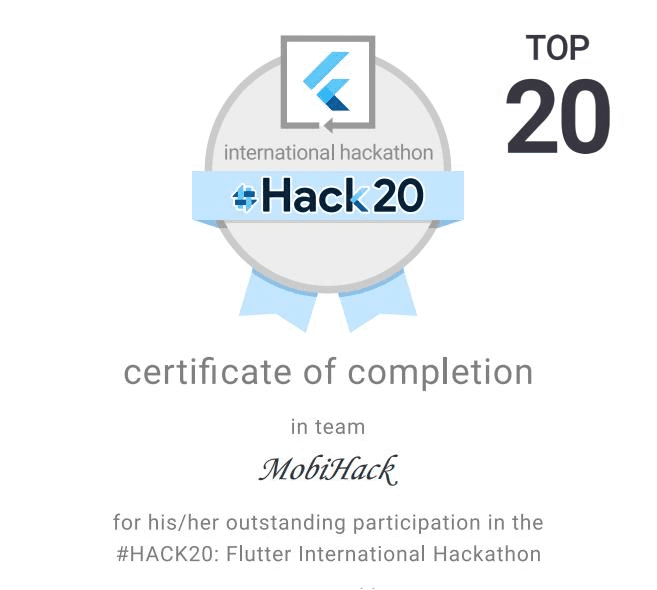 Top 20 in International Flutter Hackathon 2020